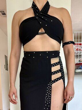 Black Studded High Slit Maxi Skirt + Bandeau Set Rave Halloween Costume